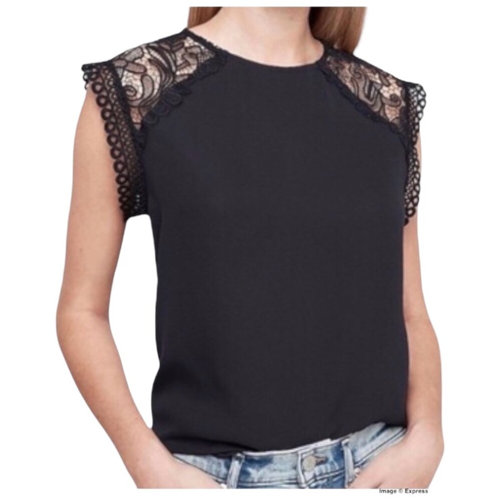 NWT Express Black Sheer Lace Shoulder Sleeveless Feminine Blouse Top Size Small